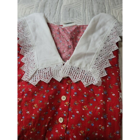 Vintage 70s Cinderella Red Floral Prairie Dress Lace Trim Size 14 Made in USA - Picture 12 of 12